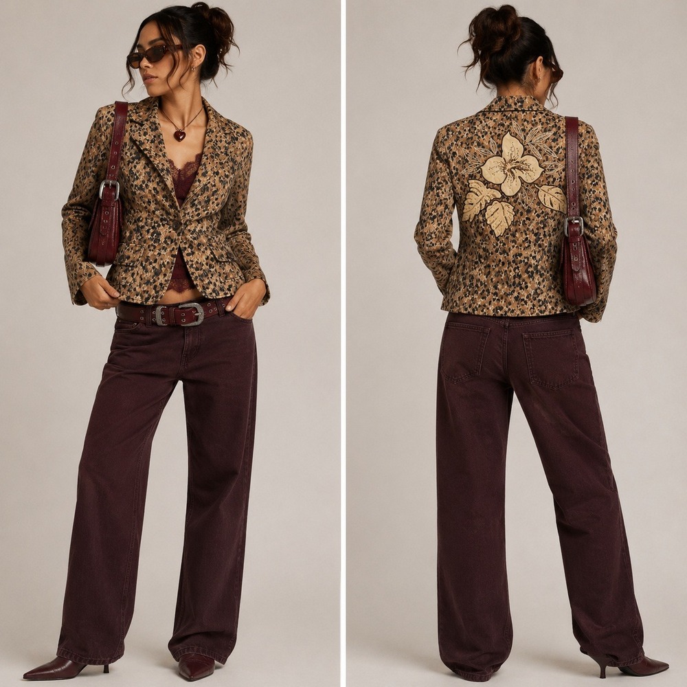 Leopard Print Blazer Beaded Floral Back Applique Brown Art Cottage Maximalism S